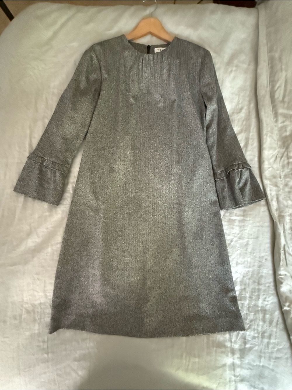 The Fold grey herringbone shift dress with fluted sleeves